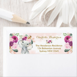 Blush Paarse Floral Elephant Boho Baby Girl Etiket