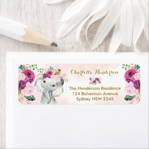 Blush Paarse Floral Elephant Boho Baby Girl Etiket