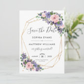 Blush Paarse Floral Gold Geometric Save the Date Kaart (Staand voorkant)