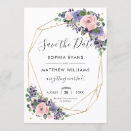 Blush Paarse Floral Gold Geometric Save the Date Kaart