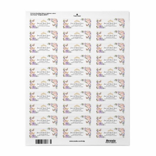 Blush Paarse Floral Quinceanera XV Retouradres Etiket (Full Sheet)