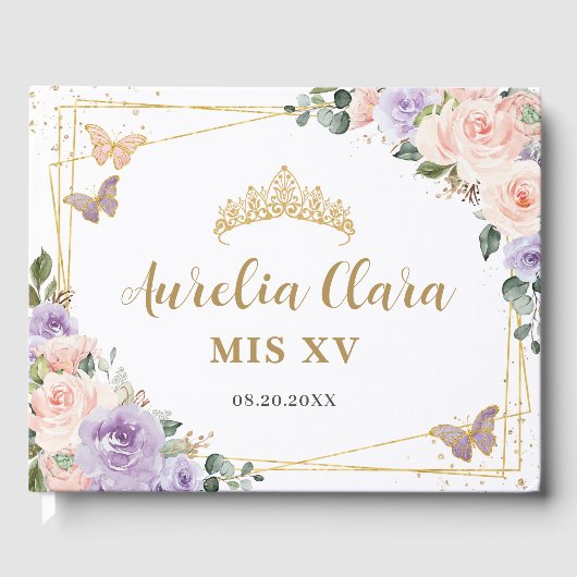 Blush Paarse Lila Bloemenvlinders QUINCEAÑERA Gastenboek (Voorkant)