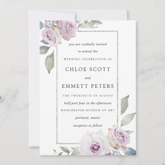 Blush Paarse Roos Floral Silver Wedding Kaart (Voorkant)