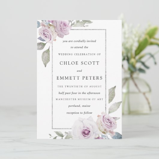 Blush Paarse Roos Floral Silver Wedding Kaart (Staand voorkant)