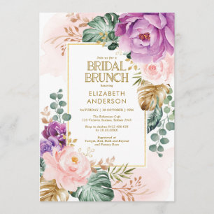 Blush Paarse Rozen Tropical Greenery Bridal Brunch Kaart