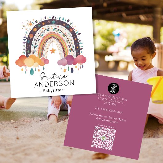 BLUSH PAARSE SCANDI HART REGENBOOG BABYSITTER VIERKANTE VISITEKAARTJE