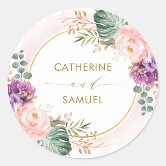 Blush Paarse Tropische Boheemse Bloemen Bruiloft Ronde Sticker (Voorkant)