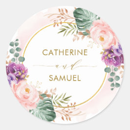 Blush Paarse Tropische Boheemse Bloemen Bruiloft Ronde Sticker