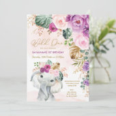 Blush Paarse Tropische Floral Elephant 1e verjaard Kaart (Staand voorkant)