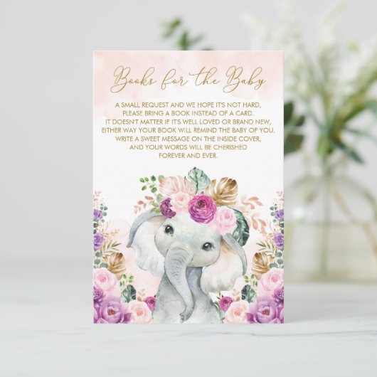 Blush Paarse Tropische Floral Elephant brengt boek Informatiekaartje (Staand voorkant)