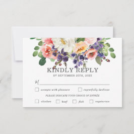 Blush Paarse Witte Bloemen Bruiloft Maaltijd Keuze RSVP Kaartje