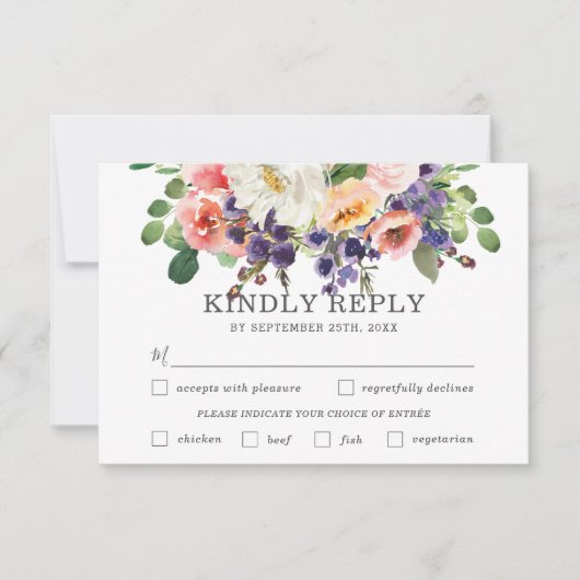 Blush Paarse Witte Bloemen Bruiloft Maaltijd Keuze RSVP Kaartje (Voorkant)