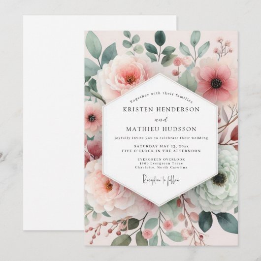 Blush Painterly Rose Wedding Kaart (Voorkant / Achterkant)