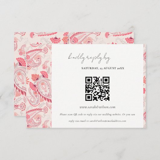 Blush Paisley Typography Weddenschap RSVP QR Code Informatiekaartje (Voorkant / Achterkant)