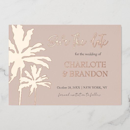 Blush Palm Trees Beach Wedding Save the Date Gold Folie Uitnodiging (Voorkant)