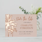 Blush Palm Trees Beach Wedding Save the Date Gold Folie Uitnodiging (Staand Voorkant)