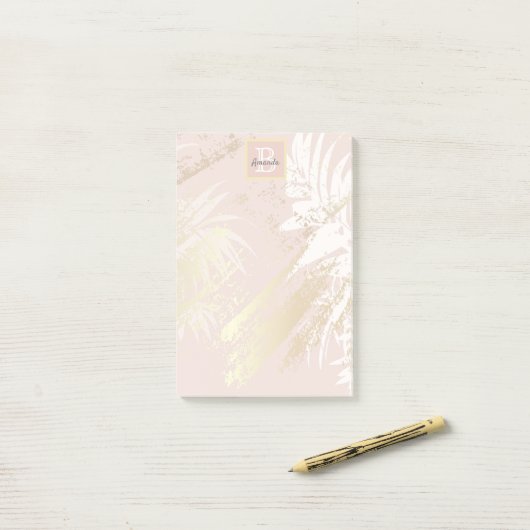 Blush palm verlaat gouden witte monogram post-it® notes (Op bureau)
