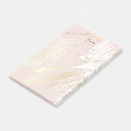 Blush palm verlaat gouden witte monogram post-it® notes (Schuin)