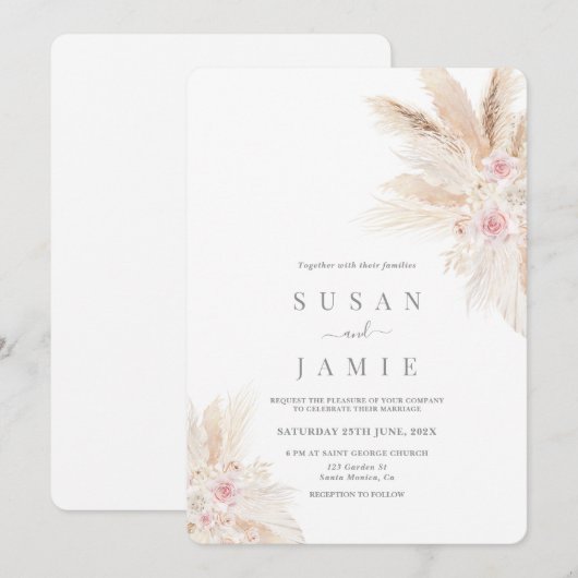 Blush Pampas Boho Wedding-uitnodiging Kaart (Voorkant / Achterkant)