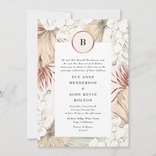 Blush Pampas en Roos Gold Foil Wedding Invitation Kaart (Voorkant)
