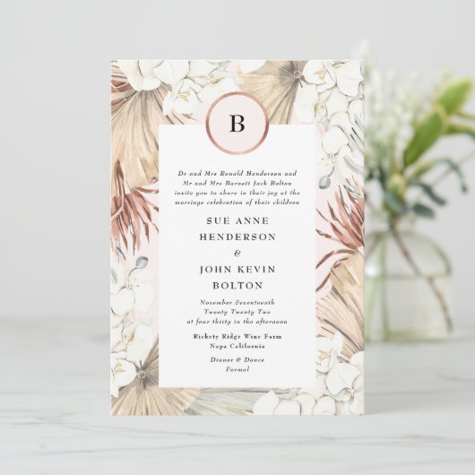 Blush Pampas en Roos Gold Foil Wedding Invitation Kaart (Staand voorkant)