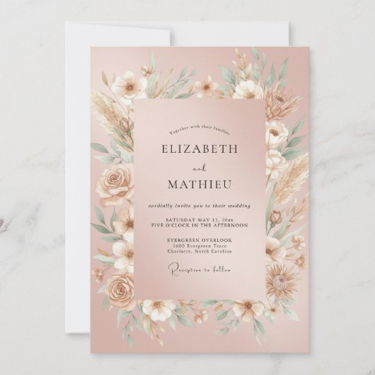Blush Pampas Gras Eucalyptus Bruiloft Kaart (Voorkant)