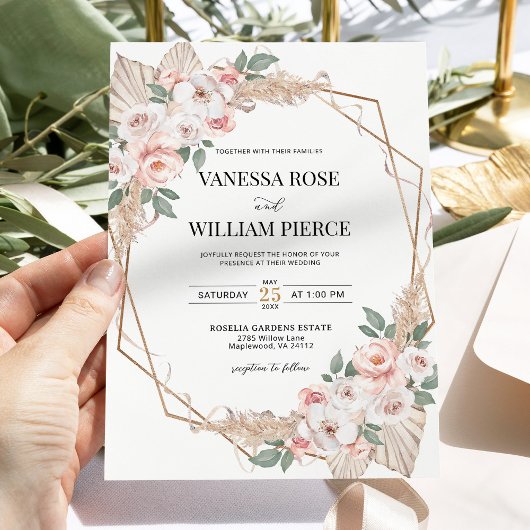 Blush Pampas Grass Boho Wedding Gold Geometrisch Kaart
