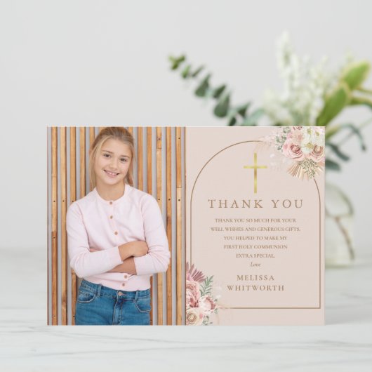 Blush Pampas Grass First Heilige Communie Bedankkaart (Staand voorkant)