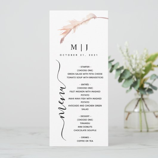 Blush Pampas Grass Minimalist Weddenschap Menu (Staand voorkant)