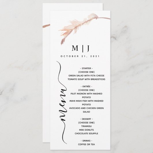 Blush Pampas Grass Minimalist Weddenschap Menu (Voorkant / Achterkant)