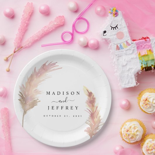 Blush Pampas Grass Minimalist Weddenschap Papieren Bordje (Feest)