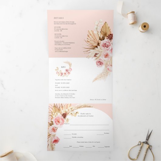 Blush Pampas Grass Modern Boho 3 in 1 Drieluik Uitnodiging (Binnen)