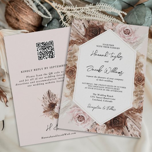 Blush Pampas Grass QR Code RSVP Weddenschap Kaart