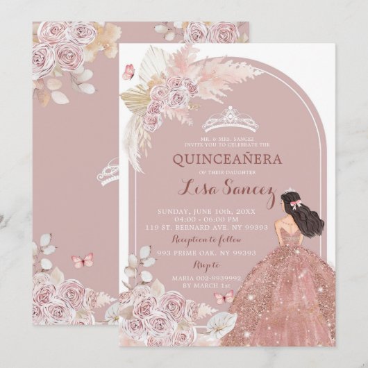 Blush Pampas Grass Quinceañera Invitatio Kaart (Voorkant / Achterkant)