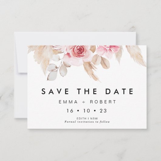 Blush Pampas Grass Wedding Save the Date Card Kaart (Voorkant)