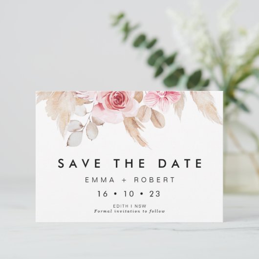 Blush Pampas Grass Wedding Save the Date Card Kaart (Staand voorkant)