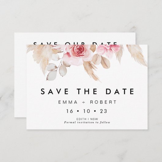 Blush Pampas Grass Wedding Save the Date Card Kaart (Voorkant / Achterkant)