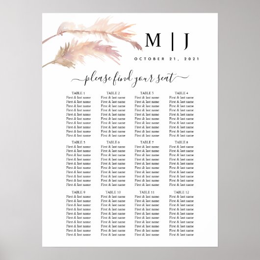 Blush Pampas Grass Wedding Seding Chart Poster (Voorkant)