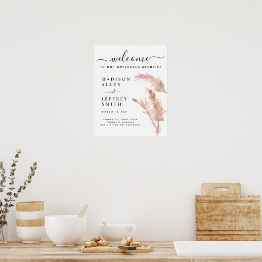 Blush Pampas Grass Wedding Unplugged Welcome Sign Poster (Keuken)