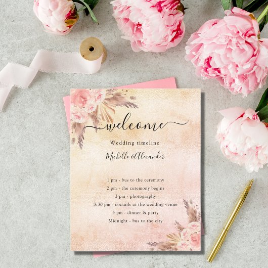 Blush pampas roos floral bruiloft programme