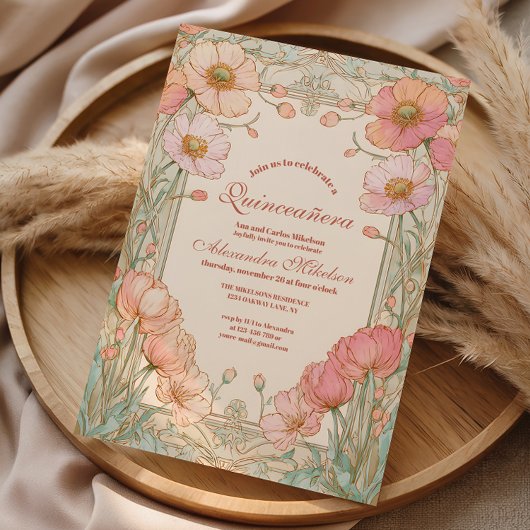 Blush Papaver Quinceañera Feest Kaart