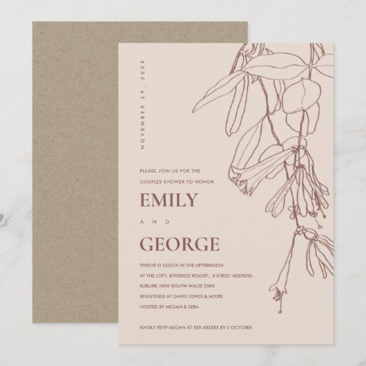 BLUSH PASTEL LINE DRAWING FLORA COUPLE SHOWER KAAR BEDANKKAART (Voorkant / Achterkant)