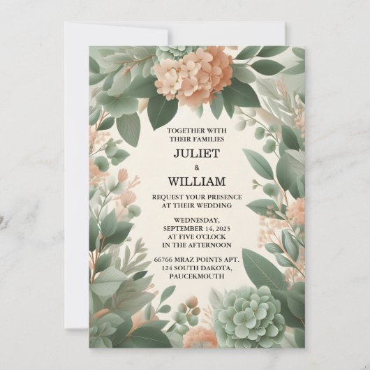 Blush pastel perzik munt mos salie groen bruiloft kaart (Voorkant)