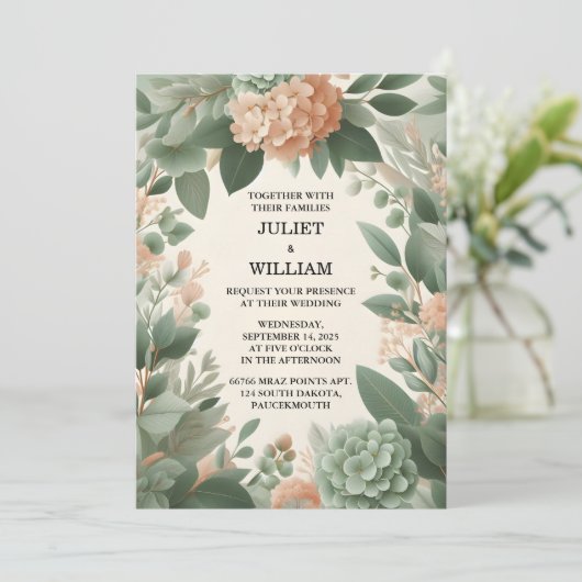 Blush pastel perzik munt mos salie groen bruiloft kaart (Staand voorkant)