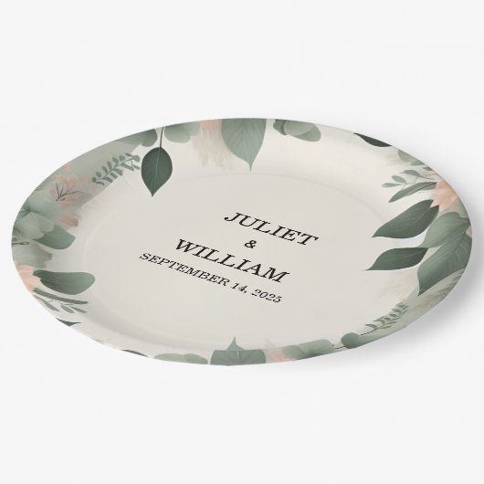 Blush pastel perzik munt mos salie groen bruiloft papieren bordje (Gekanteld)