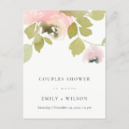 BLUSH PASTEL ROOS WATERVERF FLORAL COUPLY SHOWER UITNODIGING BRIEFKAART
