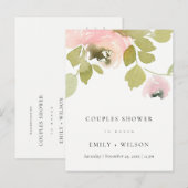 BLUSH PASTEL ROOS WATERVERF FLORAL COUPLY SHOWER UITNODIGING BRIEFKAART (Voorkant / Achterkant)