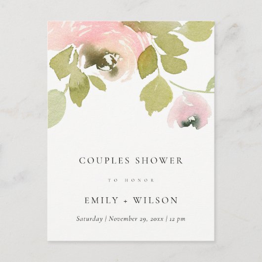 BLUSH PASTEL ROOS WATERVERF FLORAL COUPLY SHOWER UITNODIGING BRIEFKAART (Voorkant)