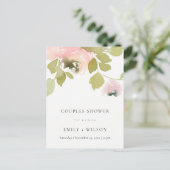 BLUSH PASTEL ROOS WATERVERF FLORAL COUPLY SHOWER UITNODIGING BRIEFKAART (Staand voorkant)
