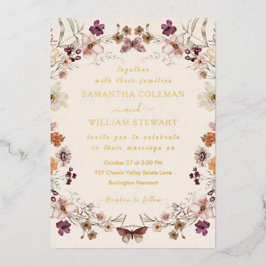 Blush Pastel Wildflower Modern Boho Wedding Folie Uitnodiging (Voorkant)
